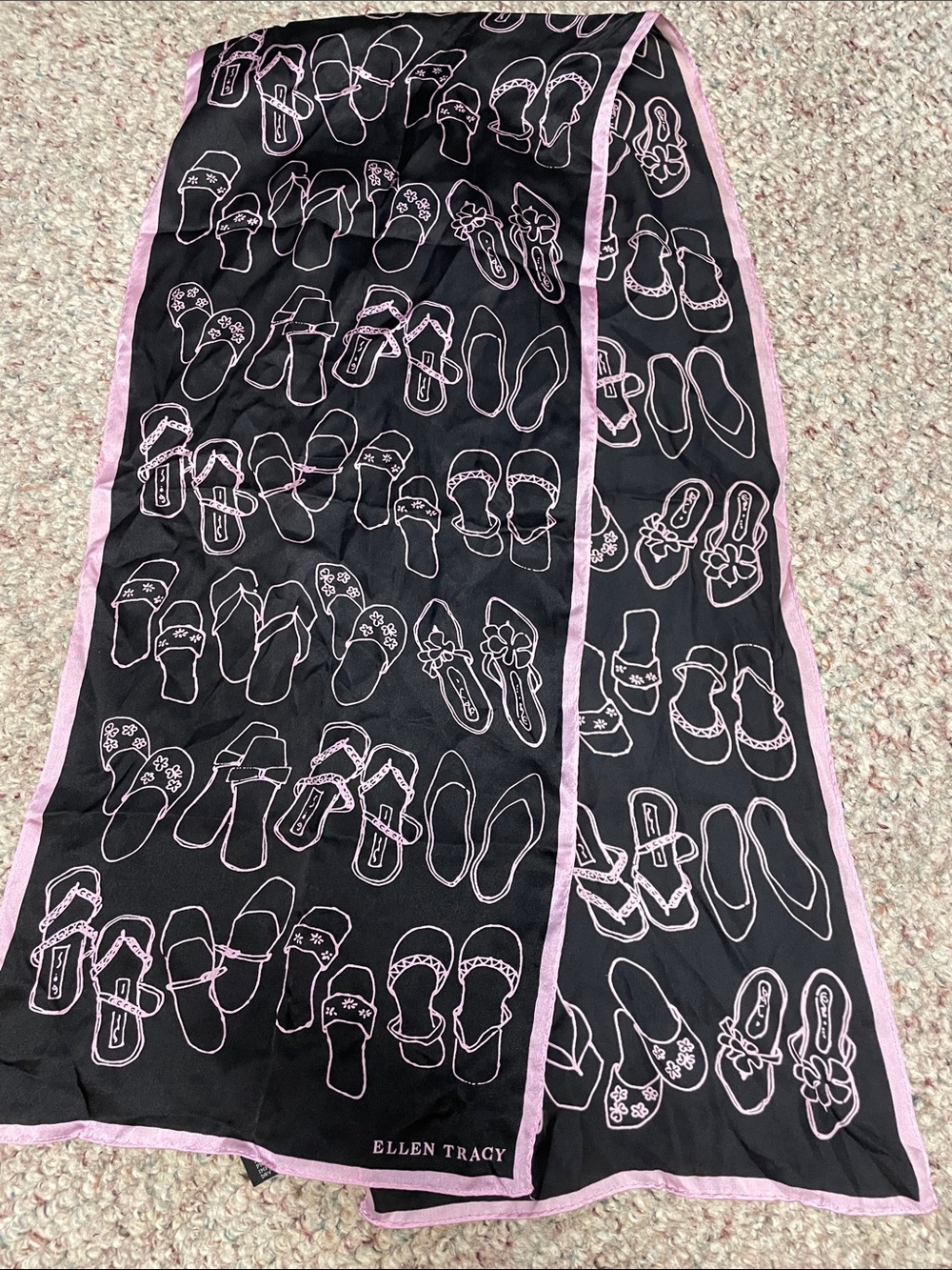 100% silk Black Scarf with Pink summer sandal Motif